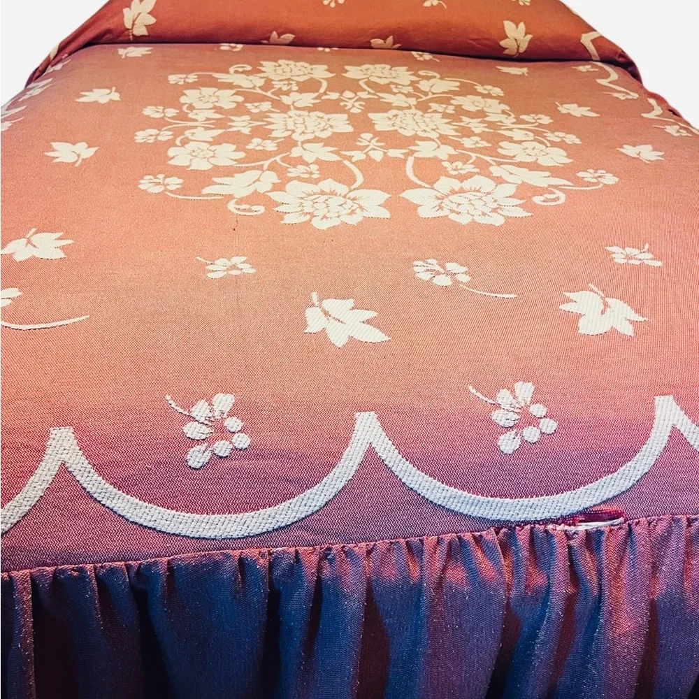 Vintage Tapestry Style Queen Bedspread Rose Colored White Floral Pattern